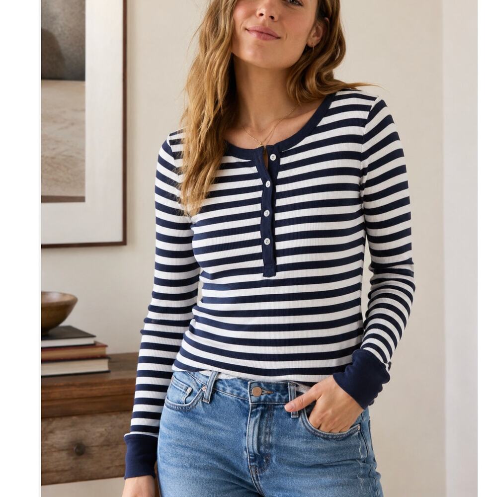 J.Crew Women’s Navy White Striped Ribbed Henley Top Preppy Classic Casual SZ XS